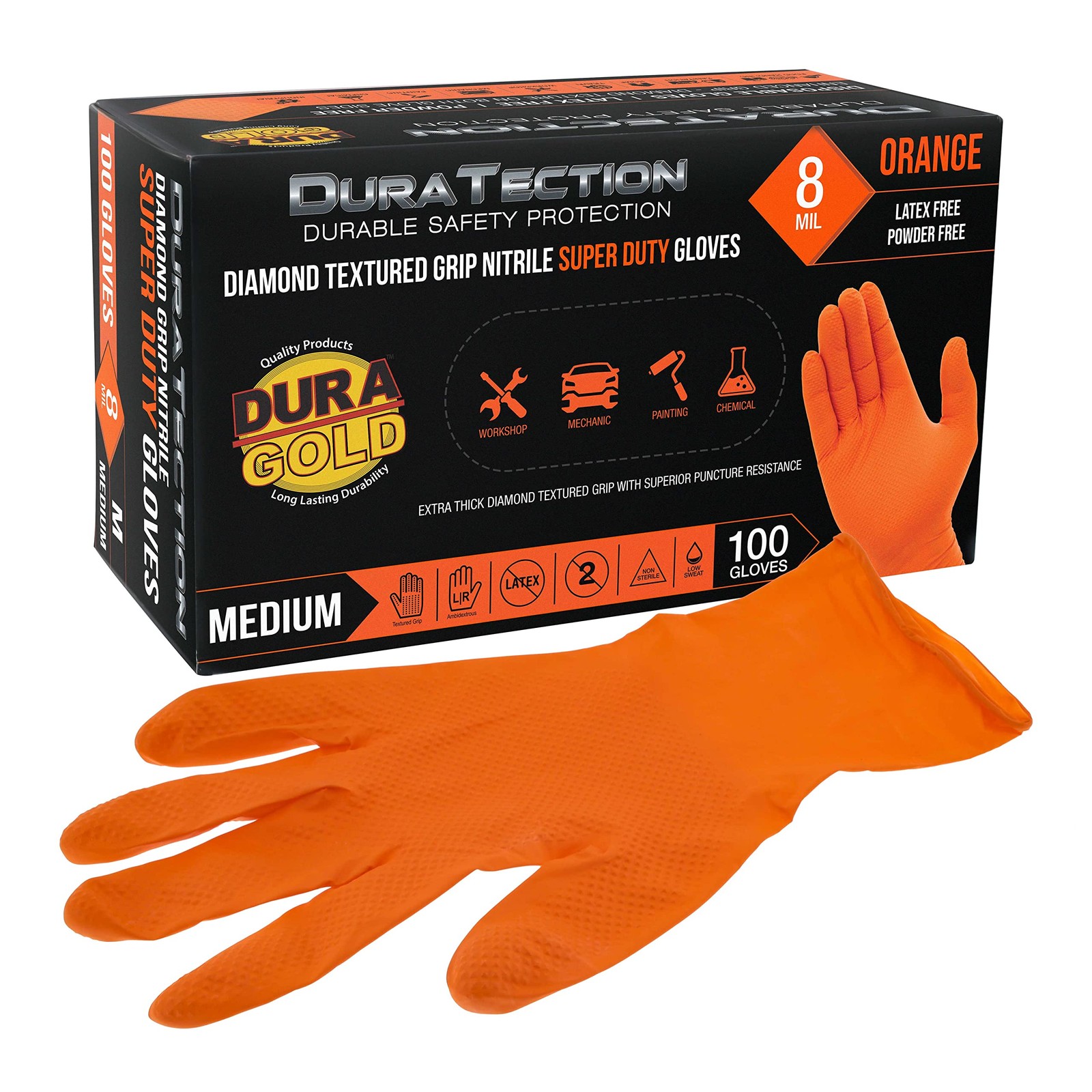 Dura-Gold Duratection 8 Mil Orange Super Duty Diamond Textured Nitrile Dispos…
