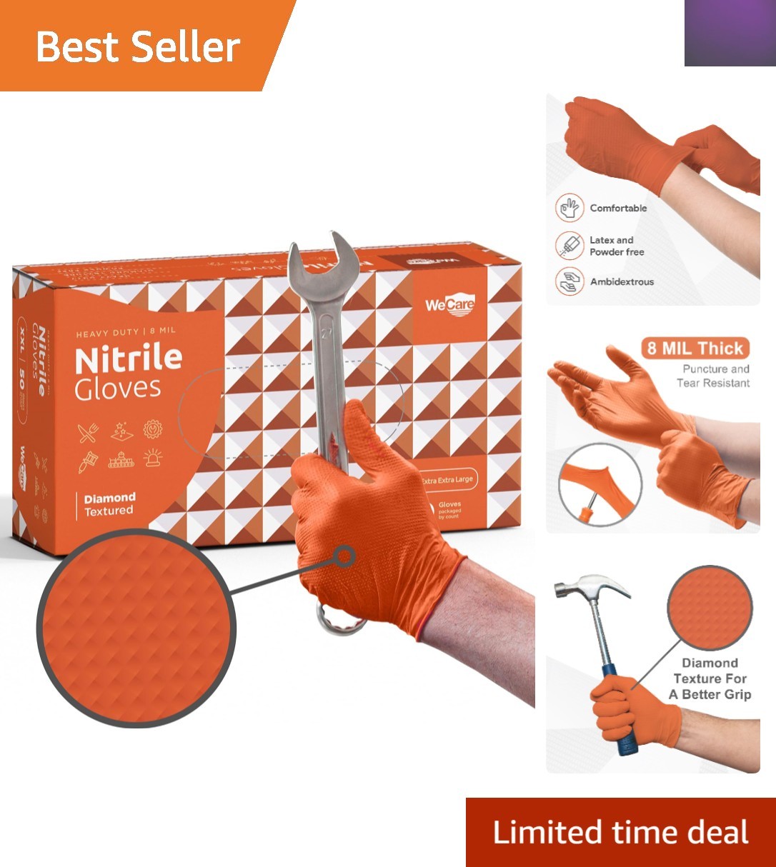 Versatile 8 Mil Nitrile Disposable Gloves with Diamond Grip – Safety in 50 Pack