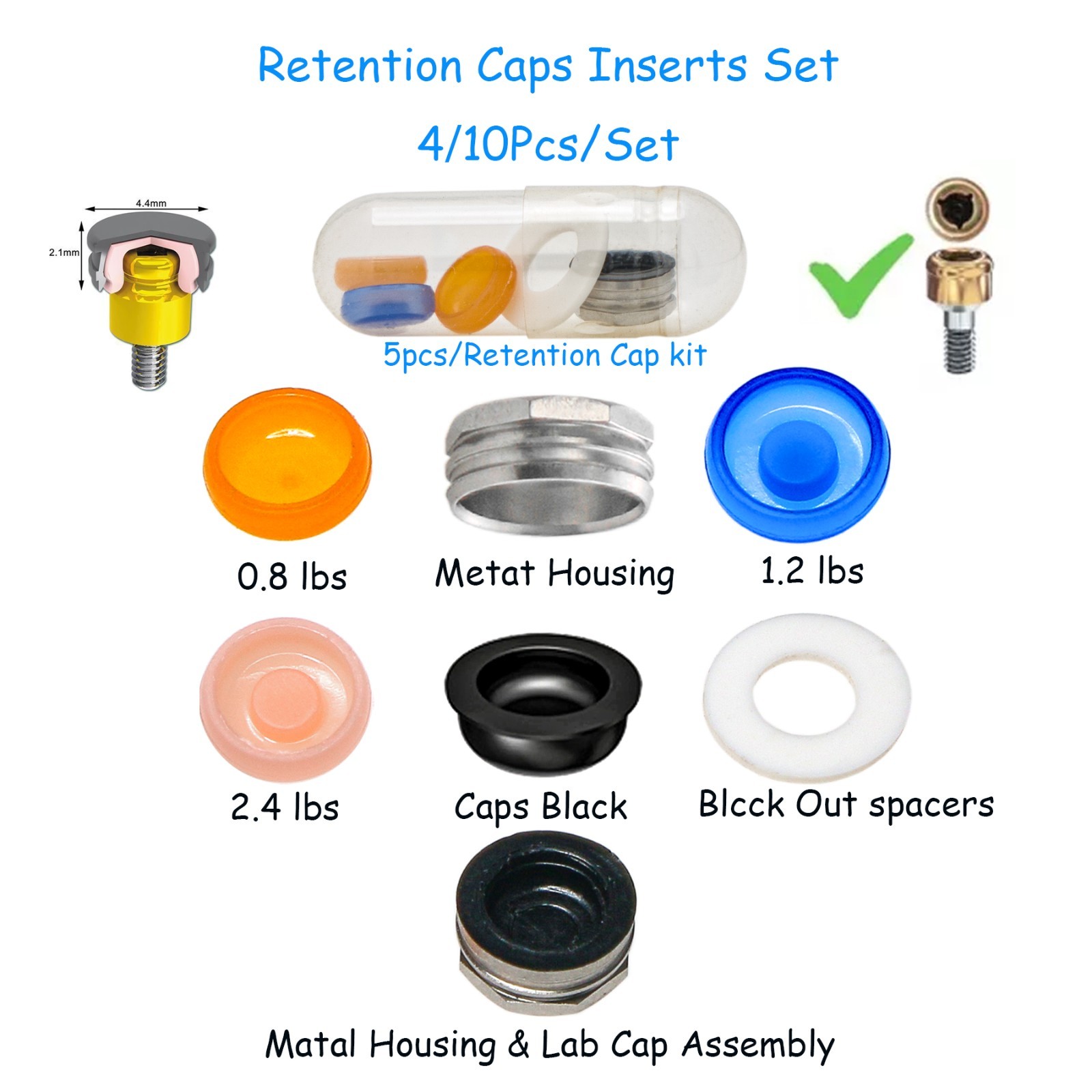 Dental Locator Overdenture Abutment Retention Caps PEEK Implant Inserts 8Pcs/Set
