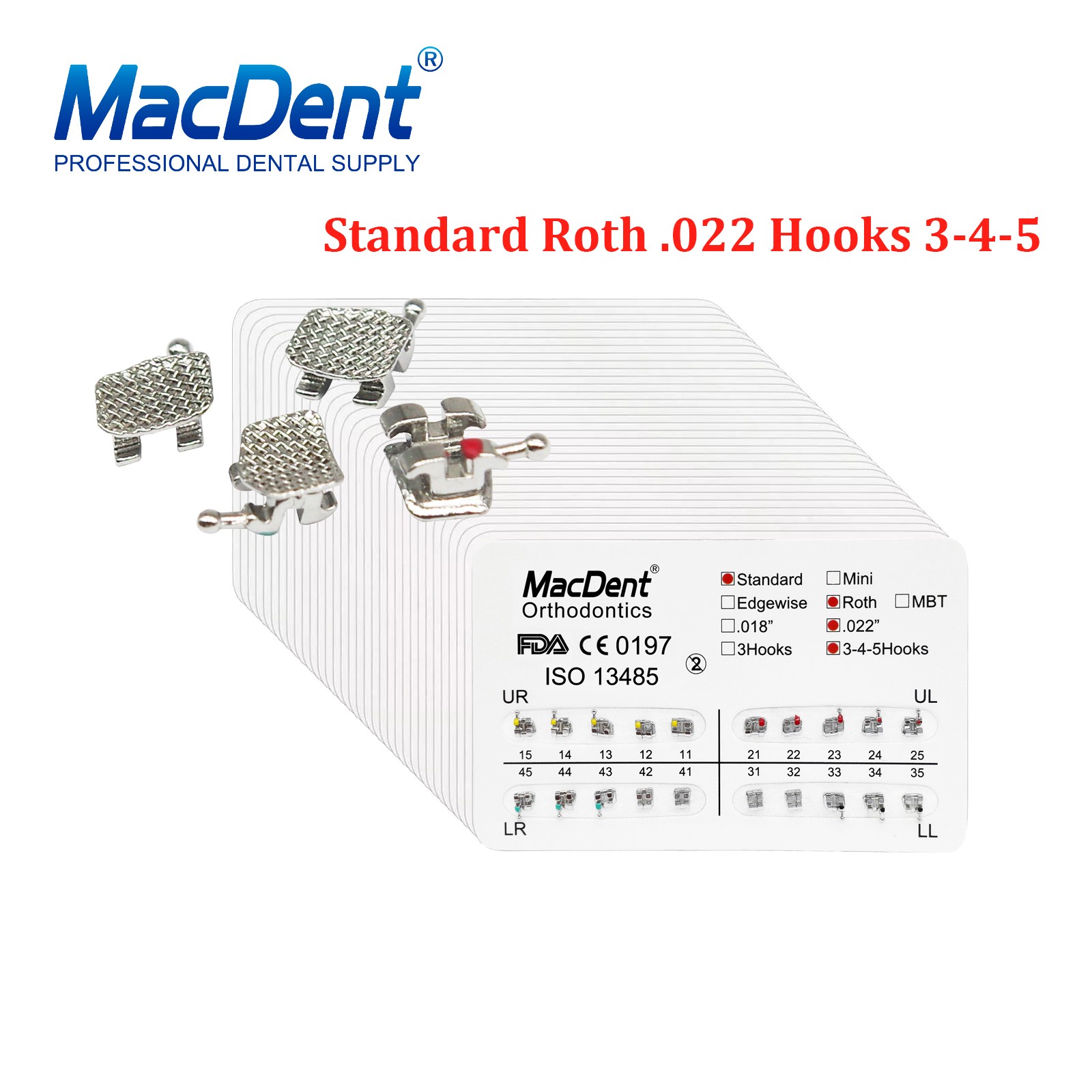 MacDent Dental Orthodontic Brackets Braces Standard Roth.022 Hooks 3-4-5 FDA